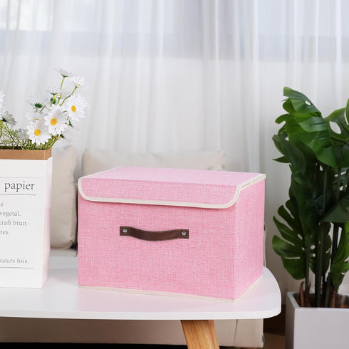 ANMINY Storage Bin with Lid Storage Boxes with PU Leather Handles PP Plastic Board Decorative Foldable Lidded Cotton Linen Fabric Home Cubes Baske...