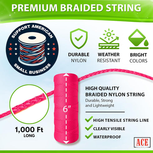 Pink Mason Line String Line - #18 Braided Nylon String - 1,000 Ft Length - Nylon Twine for Gardening Or Masonry Tools - Perfect Construction Strin...