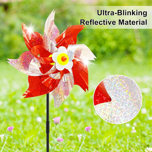 timecity 4 PCS Pinwheels Red Silver Wind Spinners 9.5inch Sparkly Garden Pinwheel Reflective Windmills Scare Birds Animal Away Spinner for Yard an...