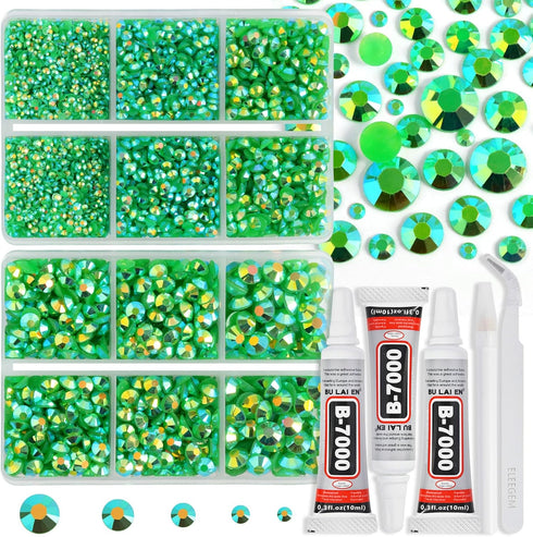 Resin Rhinestones Kit for Crafts,8400 pcs Green AB Jelly Flatback Rhinestones Mixed 5 Sizes 2mm-6mm with B7000 Glue Tweezers and Wax Pencil for Fa...