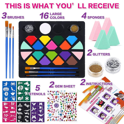 BOBISUKA Face Painting Kit for Kids - 16 Colors Water Based Body Face Paint Includes Brushes,Sponges,Glitters,Gem Sheet,Instructions,Stencils for ...
