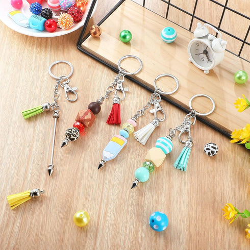 Huquary 20 Pcs Beadable Keychain Bar Set Including 10 Silver Alloy Blank Keychain 10 Leather Tassel Bulk, Keychain Making Supplies Pendant DIY Bea...