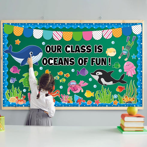 85Pcs Ocean Bulletin Board Set Ocean Sea Animals Cutouts Classroom Bulletin Board Decoration Under The Sea Borders Marine Fish Cutouts for Educati...