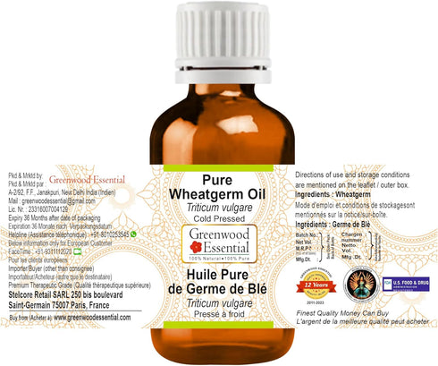 Pure Wheatgerm Oil (Triticum vulgare) Cold Pressed 10ml (0.33 oz)...