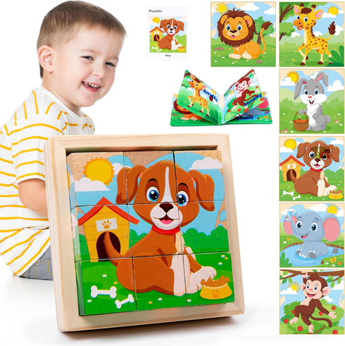 Wooden Animals Block Puzzles for Kids Ages 2-4 with Book, Jigsaw Puzzles Preschool Learning Educational Interactive Toys Gift for Boys Girls, Wood...
