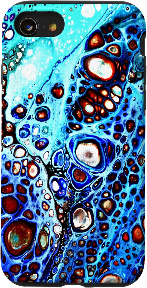 iPhone SE (2020) / 7 / 8 Bright Blue and Orange Water Pattern Fluid Acrylic Art Pour Case...