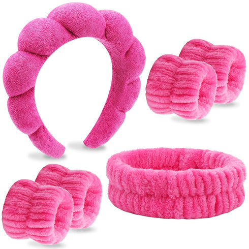 VELSCRUN 6 Pcs Rose Pink Bubble Puffy Sponge Spa Headband Wristband Set, Spa Headbands for Wash Face, Makeup Headband, Facial Skincare Headbands W...