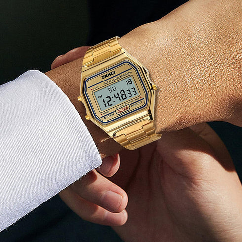 FANMIS Women's Men's Digital Electronic Square LED Sports Watch Multifunction Waterproof Daily Alarm Gold-Tone Watch...