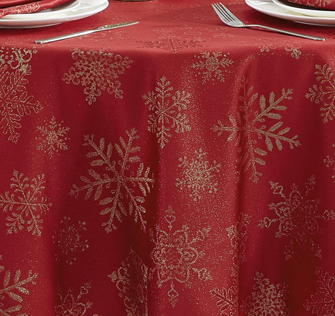 Newbridge Fancy Metallic Snowflake Christmas Fabric Tablecloth, 70 Inch Round, Red Gold, No-Iron Soil Resistant Sparkling Snowflakes Woven Holiday...