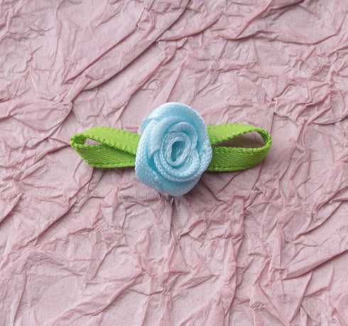 50 Pcs Satin Roses with Green Leaves Mini Cute Ribbon Bows Fabric Artificial Flower Supplies Ornament Applique for DIY Crafting Sewing Wrapping We...