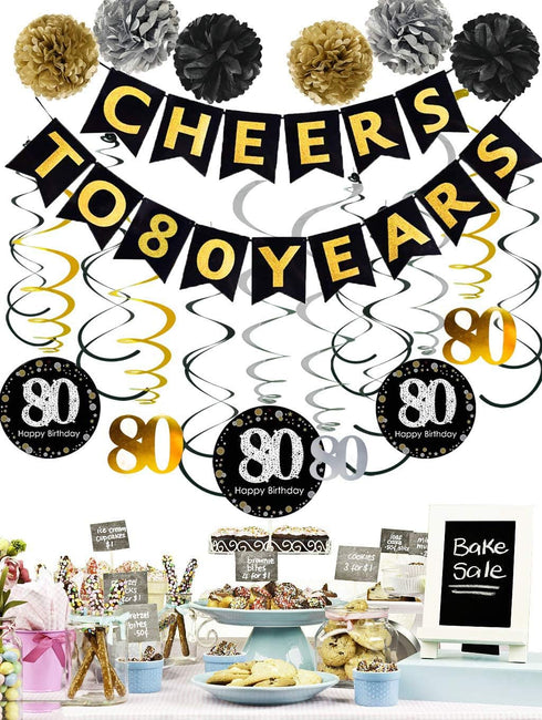 80th Birthday Party Decorations Kit - Gold Glittery Cheers to 80 Years Banner,Poms,12Pcs Sparkling 80 Hanging Swirl for 80th Anniversary Decoratio...