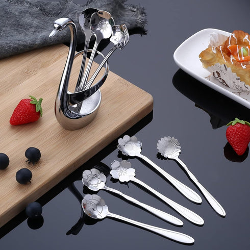 AnSaw Silver Small Swan Base Holder With Silver 8 Pcs Flower Spoon Set,Stainless Steel Reusable Tea Scoops Stirring Spoon Coffee Spoon...