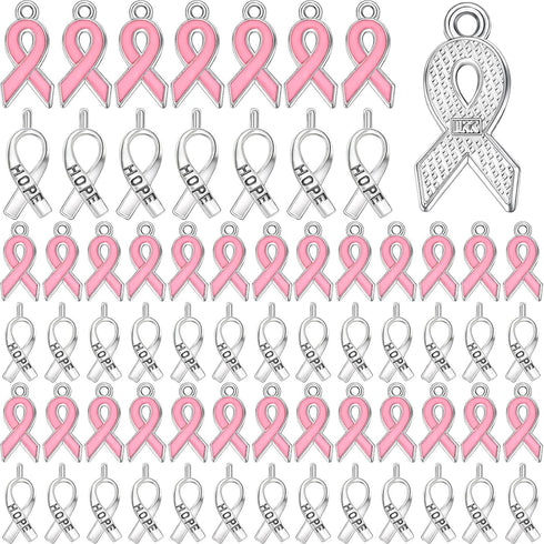 100 Pcs Breast Cancer Charms for Jewelry Making Awareness Ribbon Charm Beads Hope Ribbon Pendant Charms for DIY Craft Making Supplies Jewelry...