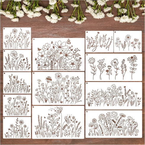 13 Pieces Wildflower Stencils Flower Stencils for Painting Wood, Reusable Spring Floral Field Plants Wild Flower Stencils for Crafts Wall Canvas F...