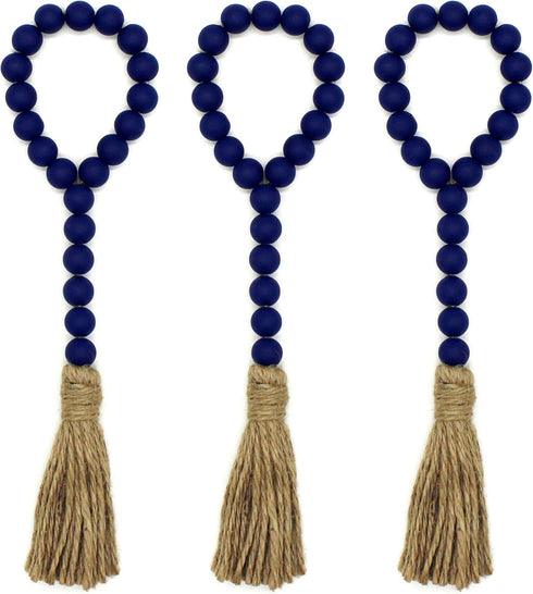 CVHOMEDECO. Wood Beads Garland with Tassels 3 PCS Farmhouse Rustic Wooden Prayer Bead String Wall Hanging Accent for Home Festival Decor. Navy Blu...