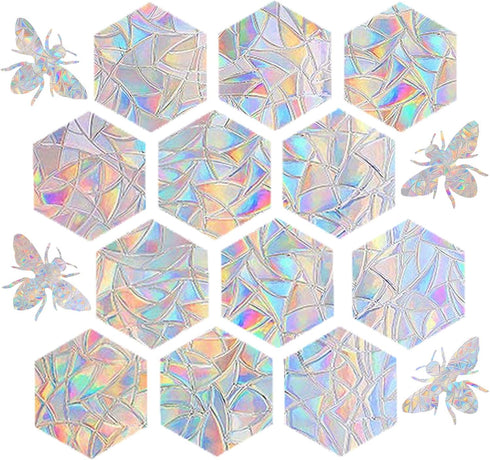 STICKERGURU 16 Pieces Hexagons and Bee Window Clings - Anti-Collision Window Decals to Save Birds from Window Collisions,Non Adhesive Prismatic Vi...