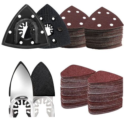 LEILUO 127 Pcs Oscillating Tool Sanding Pad Kit 2Pcs 3-1/2 Inch Triangle Sanding Pads 2Pcs Fingertip Sand Pad 120Pcs Sandpaper 3Pcs Adapters Compa...