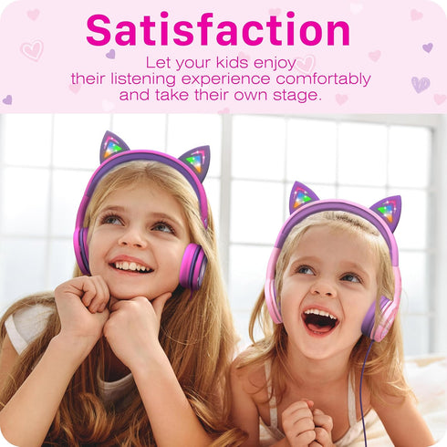 FosPower Kids Headphones with LED Light Up Cat Ears 3.5mm On Ear Audio Headphones for Kids with Laced Tangle Free Cable (Max 85dB) - Baby Pink/Lav...