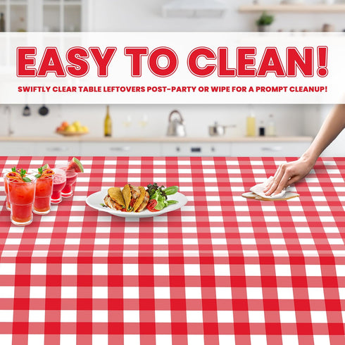 Grandipity 12 Pack Premium Disposable Plastic Picnic Tablecloth 54 Inch. x 108 Inch. Decorative Rectangle Table Cover - Red Checkered Gingham...