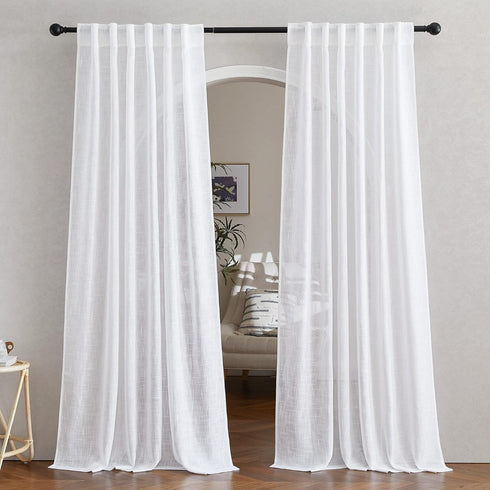 NICETOWN White Linen Sheer Curtains 90" Length, Rod Pocket & Back Tab Window Treatments Semi Sheer Curtain Drapes Privacy with Light Through for L...