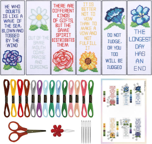 ORIGACH 6 Set Cross Stitch Bookmark Kit for Beginner Flower and Bible Verse Pattern DIY Stamped Embroidery Bookmark Kit with 19 Colors Embroidery ...