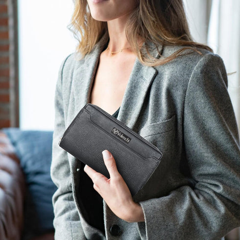 VALENCHI Leather Wallet For Women RFID Blocking Slim Minimalist Ladies Long Clutch Purse Organizer Credit Card Holder Slots with Zipper Pocket (Bl...