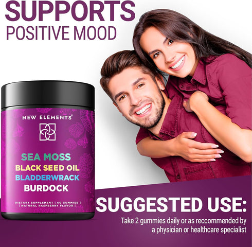 Organic Sea Moss Gummies with Black Seed Oil, Bladderwrack & Burdock Root | Irish Sea Moss Supplement 1000mg | 4 in 1 Advanced Formula 4X Stronger...