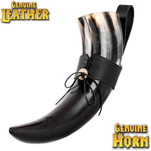 Mythrojan Viking Drinking Horn with Strap – Medieval Norse Beer Mug, Large Ale Cup 500 ml (16oz) – Authentic Replica Horn for Mead, Ale & Beer...