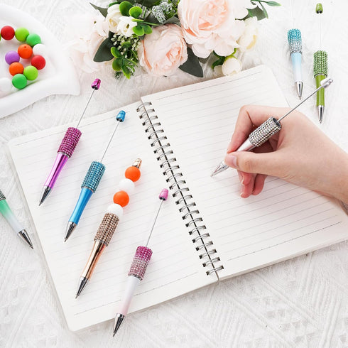 12 Pcs Beadable Pens Rhinestones Beadable Pens Plastic Black Ink Pens for Gift Making Kits Children Students Office School DIY Supplies...