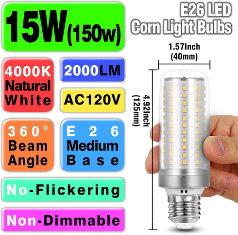 Big 1.57*4.92inch/ E26 E27 LED Corn Light Bulb 150W Equivalent 2000lm 4000K Natural White,15W E26 Medium Base Non-dimmable Candelabra Ceiling Fan ...