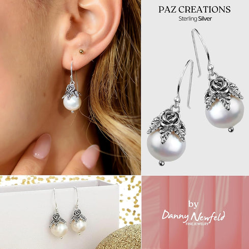 Paz Creations Sterling Silver Dangle Pearl Earrings with Floral Caps - Real Freshwater Ball-Shaped White Pearls - Elegant Drop Earrings Set - Clas...