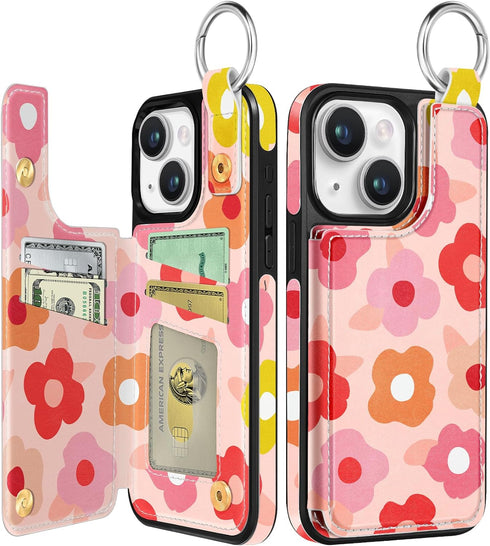 for iPhone 15 plus Wallet Case with Card Holder, Cute Designer Pk Flower Pattern Kickstand Magnetic Clasp Back Flip Folio Leather Cases for iPhone...