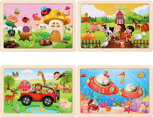 Wooden Puzzles Toys for Kids Ages 3-5, Set of 4 Packs with 20-Piece Farm, Animals Theme Wood Jigsaw Puzzles, Preschool Educational Brain Teaser To...