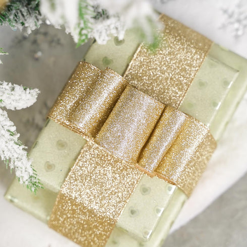 MEEDEE Champagne Gold Ribbon Gold Wired Ribbon 2.5 Inch Metallic Ribbon by 25 Yards Gold Glitter Ribbon for Christmas Tree Champagne Christmas Rib...