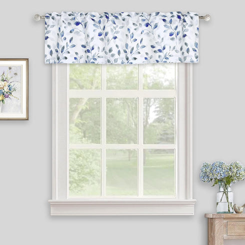 Valance for Windows Watercolor Leaves Print Rod Pocket for Kitchen 52 x 14 Inches, Blue/Gray...