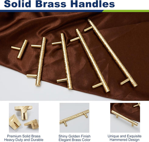 2-Pack Solid Brass Kitchen Cabinet Pulls, Gold Modern T-Bar Handles, 3-3/4-Inch Hole Center Hammered Handles for Dresser Drawer Cupboard, 5-9/16 I...