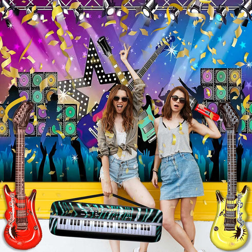 Inflatable Rock Star Toy Set 80s 90s Party Decorations Blow up Party Props Musical Instrument Include Inflatable Backdrop Banner, Microphone, Guit...
