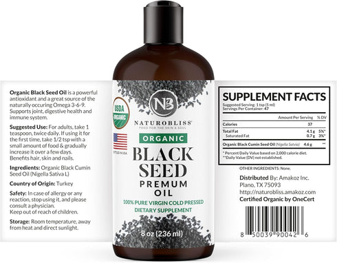 NaturoBliss Organic Black Seed Oil 100 Virgin Cold Pressed Omega 3 6 9 Super Antioxidant for Immune Support, Joints, Mobility, Digestion, Hair Ski...