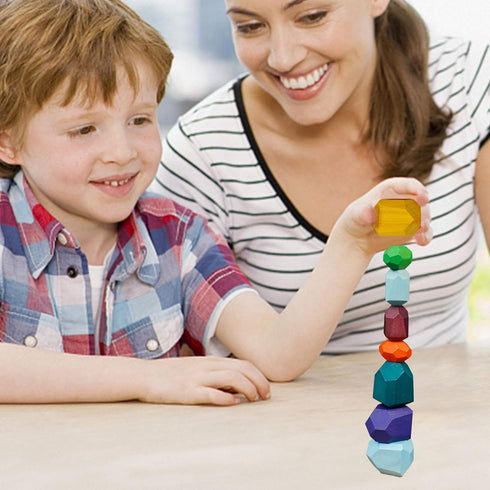 16 Pcs Wooden Stacking Blocks Rocks Building Toys, Colored Solid Wood Stones Pre-School Educational Games Creative Toys for Kids Toddlers...