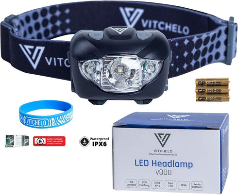 Vitchelo Black Headlamp Flashlight - Red Safety Light - 6 Light Modes - Super Bright Waterproof Adjustable Head Light - 3 AAA Batteries - Running,...