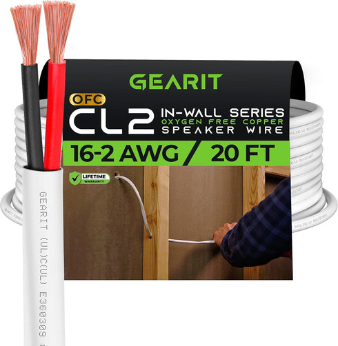 GearIT 16/2 Speaker Wire (20 Feet) 16AWG Gauge - Fire Safety in Wall Rated Audio Speaker Wire Cable / CL2 Rated / 2 Conductors - OFC Oxygen-Free C...