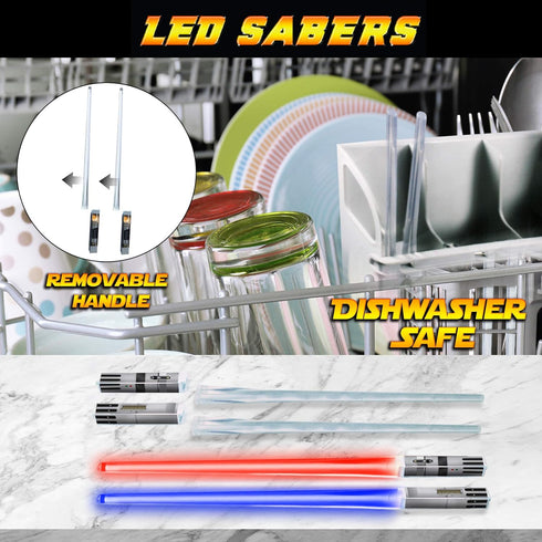 LIGHTSABER CHOPSTICKS LIGHT UP STAR WARS LED Glowing Light Saber Chop Sticks REUSABLE Sushi Lightup Sabers -Removable Handle Dishwasher Safe -Prem...