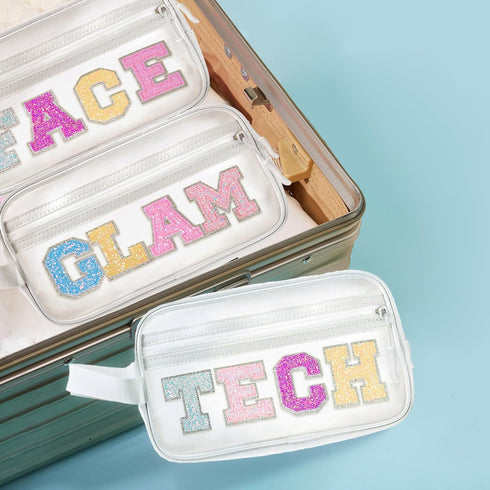 Clear Preppy Patch Makeup Bag Cosmetic Pouch with Glitter Bling Letters for Women Teen Girls Sister, Make Up Travel Stuff Organizer Cute Stylish T...