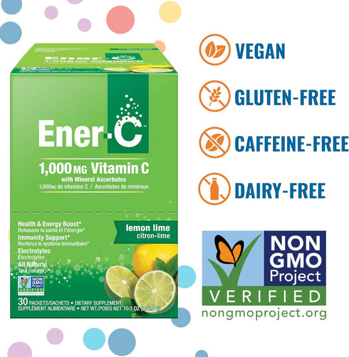 Ener-C Lemon Lime Multivitamin Drink Mix Powder Vitamin C 1000mg & Electrolytes with Real Fruit Juice Natural Energy & Immune Support for Women & ...