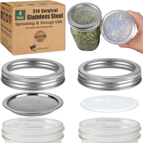 4 Pack Mason Jar Sprouting Lids for Wide Mouth Mason Jars (Ball or Kerr) - 316 Surgical Stainless Steel Curved Mesh Sprouting Set (4 Rings, 4 Scre...