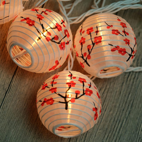 YULETIME Plum Blossom Lantern String Lights, 10 Count Nylon Lantern on 7.6' White Wire, UL Listed 8" Spacing End-to-end Connectable Plug-in String...
