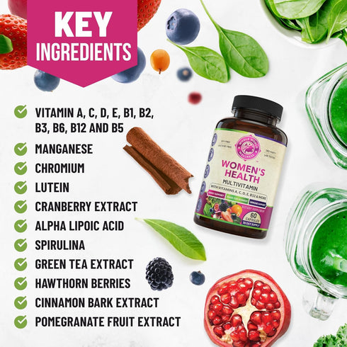 Womens Daily Multivitamin Multimineral Supplement for Energy, Mood, Focus, Hair, Skin & Nails. Made for Women with 30+ Nutrients, Fruit & Energy B...