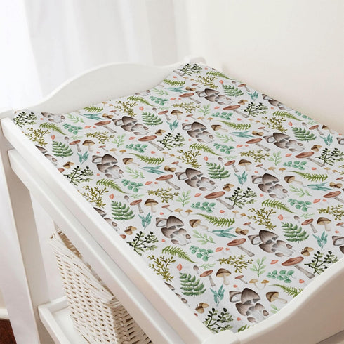 Woodland Mushroom Forest Changing Pad Covers Watercolor Mushroom Green Leaves Diaper Changing Table Sheets for Girl Boy Wild Plants Soft Breathabl...