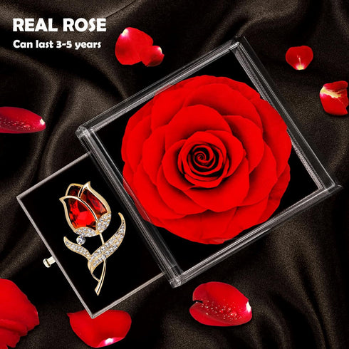 Preserved Red Rose Gift Box- Enchanted Real Rose with Ruby Rose brooch, Eternal Rose Flower in Jewelry Box, Handmade Rose,Forever Red Rose Gift fo...