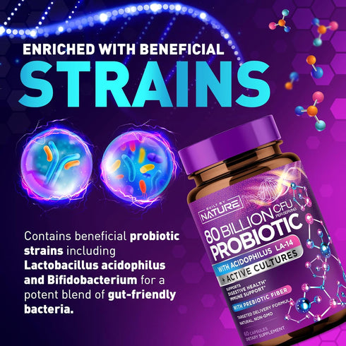 80 Billion CFU Probiotic - Daily Digestive Gut Health Supplement for Men & Women - Lactobacillus acidophilus, Bifidobacterium & Prebiotics - Non-G...